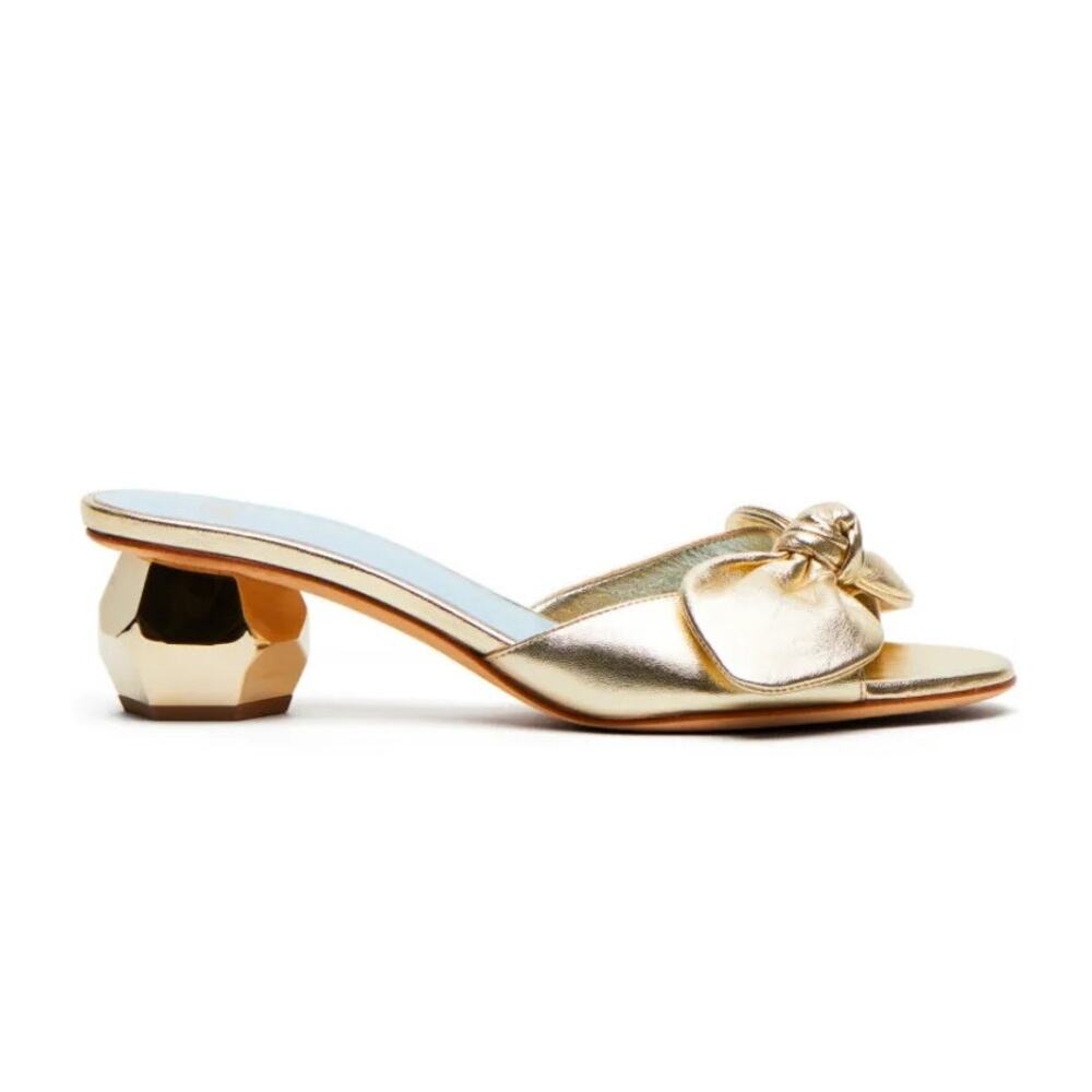 Frances Valentine Bottie Bow Heels Gold Sandals Geodome Slide‎ Leather Sz 7